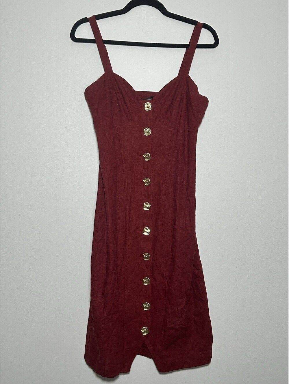 Fourteenth Place Red Midi Dress Sz S Gold Button Front Sleeveless Bodycon